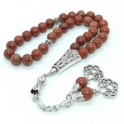8 mm Jasper Doğal Taşlı 33' Lük Tespih, Özel İşçilikli Gümüş Kaplama Metal Aksam
