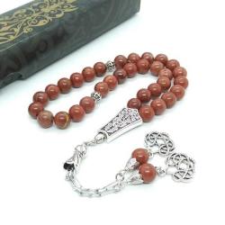 8 mm Jasper Doğal Taşlı 33' Lük Tespih, Özel İşçilikli Gümüş Kaplama Metal Aksam