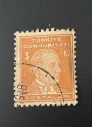 Türk Pulu - Turkish Stamp -  Postadan Geçmiş Pul Filateli - 1948 DAMGALI - ATATÜRK TEMALI PUL, 3 KURUŞ - Türkiye Cumhuriyeti - NOSTALJİK DOĞUM GÜNÜ HEDİYESİ