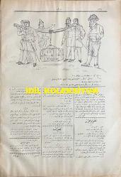 Osmanlıca Karagöz Mizah Dergisi-Gazetesi, Orijinal Dönem Basım, (Ottoman Magazine-Newspaper-Journal Illustré Kara-Gueuz) - 21 Aralık 1908 - Sayı: 43 - Hicri: 27 Zilkade 1326 - Rumi: 8 Kanun-i Evvel 1324 - Mahut Gazetenin Lisanından: Nice Yıl Mesned-i Bala-yı Gazetede Karar Ettim Edip Hırsızlığı İcat Bıraktım Yadigar Ettim. Değil Maliyeden Adliyeden Yalnız Çalıp Çarptım Serapa Milleti Soydum da Kesb-i İştihar Ettim.... - Karikatür: 