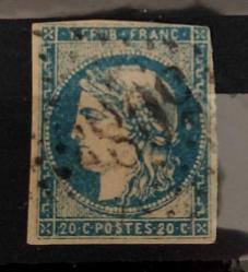 Fransa 1870 Ceres 20 cent mavi nadir olan 1 milyon adet basılan boyunda cizgi yerine noktalı - katalog 30000 tl