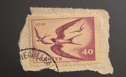 Türk Pulu - Turkish Stamp - Mektup Zarfından Kesilmiş / Postadan Geçmiş Pul Filateli - DAMGALI - KIRLANGIÇ KUŞLARI TEMALI PUL, 40 PARA - Türkiye Cumhuriyeti - NOSTALJİK DOĞUM GÜNÜ HEDİYESİ