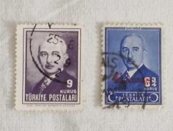 PUL0316-TÜRKİYE CUMHURİYETİ 1945-1946 YILI İSMET İNÖNÜ TEMALI .2 ADET  DAMGALI PULLAR