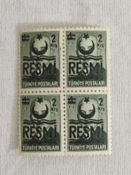 PUL0319-TÜRKİYE CUMHURİYETİ 1957 İNÖNÜ  PULLARI**ÜZERİ SÜRŞARJLI 4 LÜ BLOK RESMİ PULLAR---4 KURUŞ-2 KURUŞ