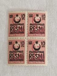 PUL0321-TÜRKİYE CUMHURİYETİ 1957 İNÖNÜ  PULLARI**ÜZERİ SÜRŞARJLI 4 LÜ BLOK RESMİ PULLAR---12 KURUŞ-10 KURUŞ