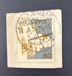 İsviçre Helvetya Pulu - Helvetia Stamp - Mektup Zarfından Kesilmiş /Postadan Geçmiş Pul Filateli - 1975 Damgalı - Engadine, İsviçre'deki Evler Temalı Pul, 60 PARA - YABANCI PULLAR -NOSTALJİK DOĞUM GÜNÜ HEDİYESİ