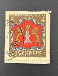 İsviçre Helvetya Pulu - Helvetia Stamp - Mektup Zarfından Kesilmiş /Postadan Geçmiş Pul Filateli -  Damgalı - Viyana Tabakçılarının Arması, Uluslararası Deri Kimyagerleri Birliği 13. Kongresi Temalı Pul, 4 PARA - YABANCI PULLAR -NOSTALJİK DOĞUM GÜNÜ HEDİYESİ