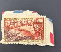 Fransa Pulu - France Stamp - Mektup Zarfından Kesilmiş /Postadan Geçmiş Pul Filateli -  Damgalı - Vouglans Barajı, Jura Temalı Pul, 0.80 PARA - YABANCI PULLAR -NOSTALJİK DOĞUM GÜNÜ HEDİYESİ