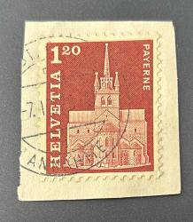 İsviçre Helvetya Pulu - Helvetia Stamp - Mektup Zarfından Kesilmiş /Postadan Geçmiş Pul Filateli -  Damgalı - İsviçre'nin Payerne kentindeki Abbey Kilisesi Temalı Pul, 1.20 PARA - YABANCI PULLAR -NOSTALJİK DOĞUM GÜNÜ HEDİYESİ