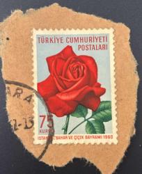 Türk Pulu - Turkish Stamp -Mektup Zarfından Kesilmiş / Postadan Geçmiş Pul Filateli - Damgalı - İSTANBUL BAHAR VE ÇİÇEK BAYRAMI 1960 TEMALI PUL, 75 KURUŞ - Türkiye Cumhuriyeti - NOSTALJİK DOĞUM GÜNÜ HEDİYESİ