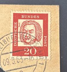 Almanya Pulu - Germany Stamp - Mektup Zarfından Kesilmiş  / Postadan Geçmiş Pul Filateli - 1963 Damgalı - BACH TEMALI PUL, 20 PARA - YABANCI PULLAR - NOSTALJİK DOĞUM GÜNÜ HEDİYESİ