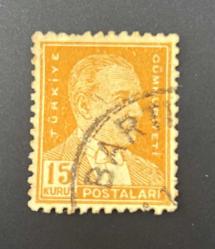 Türk Pulu - Turkish Stamp -Mektup Zarfından Kesilmiş / Postadan Geçmiş Pul Filateli - Damgalı - ATATÜRK TEMALI PUL, 15 KURUŞ - Türkiye Cumhuriyeti - NOSTALJİK DOĞUM GÜNÜ HEDİYESİ