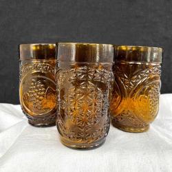 1970'ler Üzüm desenli Kalın Amber Cam Bardak Seti