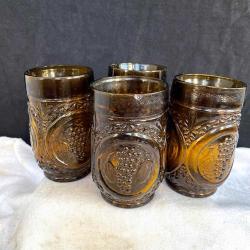 1970'ler Üzüm desenli Kalın Amber Cam Bardak Seti