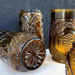 1970'ler Üzüm desenli Kalın Amber Cam Bardak Seti