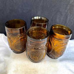 1970'ler Üzüm desenli Kalın Amber Cam Bardak Seti