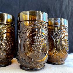 1970'ler Üzüm desenli Kalın Amber Cam Bardak Seti