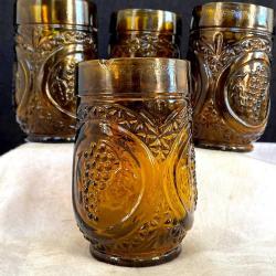 1970'ler Üzüm desenli Kalın Amber Cam Bardak Seti