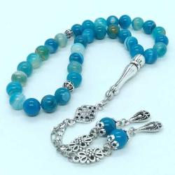 8mm Mavi Akik Doğal Taş Tespih - Gümüş Kaplama İşlemeli Kamçı - 33lü