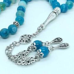 8mm Mavi Akik Doğal Taş Tespih - Gümüş Kaplama İşlemeli Kamçı - 33lü