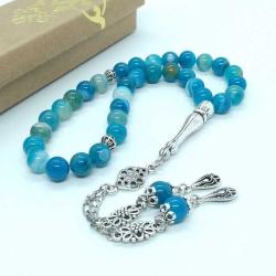 8mm Mavi Akik Doğal Taş Tespih - Gümüş Kaplama İşlemeli Kamçı - 33lü
