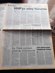 Büyük Kurultay Gazetesi - Turkish Newspaper - 25 Ocak 1999 - sinemalarda gösterime sunulan Amerikan yapımı Mulan adlı çizgi filmde Hunlar kötü adam Çinliler iyi adam rolünde - MHP'ye aday hücumu - MHP Genel Başkanı Devlet Bahçeli 18 Nisan 1999 tarihinde yapılması gereken seçimler milletimiz için kader günüdür dedi fotoğraf - Türkiye Profesör Ahmet Vefik Alp'in projesini konuşuyor - Üsküdar'da MHP seçim bürosunu bombalayanlar PKK'lı çıktı - Ali Tayyar Önder Türkiye'de mozaik bir etnik grup var iddiaları bilim aykırıdır fotoğraf - Refah Fazilet çizgisinin çıkmazları Avukat Oğuz Ünal araştırdı - kim bunlar yazan Nazif Okumuş - soygunculuğun yeni adı banka batırmak - Ülküm işçiler Umut seçimlerde - eşkıyabaşı Abdullah Öcalan Rusya'nın kuklası oldu - Romanya'yı da IMF yaktı - PKK'nın kuruluşunda KGB'nin parmağı var - İstanbul'da 5,5 milyon kişi oy kullanacak - Tansu Çiller'in umudu Tony Blair'cilikte - kanımızı kaynatan şiirler - Fahri Ersavaş - Türkiye'nin %90'ı Türk'üm diyor