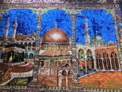 İPEK KADİFE -  MESCİDİ AKSA VE KABE RESİMLİ DUVAR HALISI - 115X175 CM KULLANILMAMIŞ