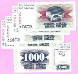 5x BOSNIA HERZEGOVINA 1000 Dinara 1992 Pick 15 UNC ÇİL