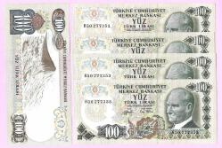 5x TURKEY 100 Lira ----- PREFIX H50 -----1972 UNC ÇİL