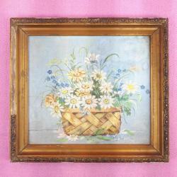 ANTİKA SEPETTE PAPATYALAR VE KIR ÇİÇEKLERİ TEMALI NATÜRMORT YAĞLIBOYA RESİM