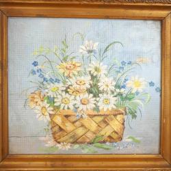 ANTİKA SEPETTE PAPATYALAR VE KIR ÇİÇEKLERİ TEMALI NATÜRMORT YAĞLIBOYA RESİM