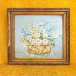 ANTİKA SEPETTE PAPATYALAR VE KIR ÇİÇEKLERİ TEMALI NATÜRMORT YAĞLIBOYA RESİM