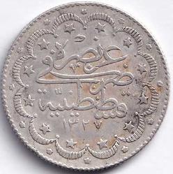 SULTAN MEHMET REŞAT HAN DÖNEMİ GÜMÜŞ NADİR R 10 KURUŞ 1327/2 CÜLUS