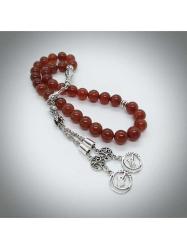 10 mm Kırmızı Akik Taşlı Tespih, 33'Lü, Özel Tasarım Püsküllü