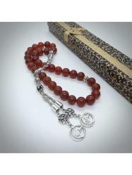 10 mm Kırmızı Akik Taşlı Tespih, 33'Lü, Özel Tasarım Püsküllü