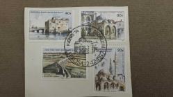 LOT.4 » 1977 YILI  KIBRIS TÜRK  FEDERE DEVLETİ KIBRISTA TÜRK ESERLERİ İLK GÜN GÖBEK DAMGALI TAM SERİ KAĞITTA