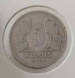 1939 BEŞ 5 KURUŞ ORİJİNAL MADENİ NİKEL 3VV2R1 NADİR