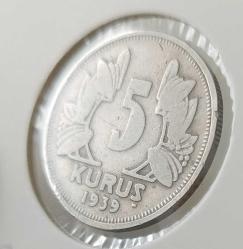 1939 BEŞ 5 KURUŞ ORİJİNAL MADENİ NİKEL 3VV2R1 NADİR
