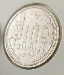 1937 YILI ORİJİNAL 10 KURUŞ MADENİ NİKEL BB2RRR1 NADİRİ