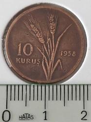 1958 ON 10 KURUŞ BAKIR-BRONZ ALAŞIMI ORİJİNALDİR 1UUU2A1 EN NADİR TARİHLİSİ