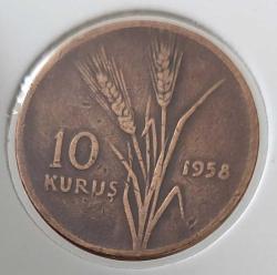 1958 ON 10 KURUŞ BAKIR-BRONZ ALAŞIMI ORİJİNALDİR 1UUU2A1 EN NADİR TARİHLİSİ