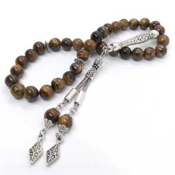 Kaplan Gözü Doğal Taş Tespih - 8 mm, 33lü - Özel İşçilikli Metal Tasarım