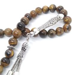 Kaplan Gözü Doğal Taş Tespih - 8 mm, 33lü - Özel İşçilikli Metal Tasarım