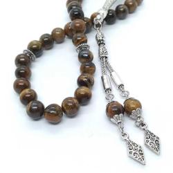 Kaplan Gözü Doğal Taş Tespih - 8 mm, 33lü - Özel İşçilikli Metal Tasarım