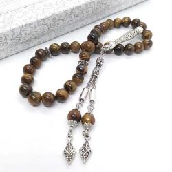 Kaplan Gözü Doğal Taş Tespih - 8 mm, 33lü - Özel İşçilikli Metal Tasarım