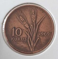 1969 ON 10 KURUŞ BAKIR-BRONZ ALAŞIMI ORİJİNALDİR 2BBB1D NADİR TARİHLİSİ