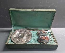 Osmanlı 2 adet Gümüş ve Satsuma Porselen Kahve Fincanları  Orjinal Kutusunda