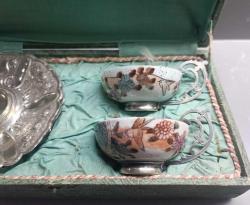 Osmanlı 2 adet Gümüş ve Satsuma Porselen Kahve Fincanları  Orjinal Kutusunda