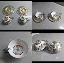 Osmanlı 2 adet Gümüş ve Satsuma Porselen Kahve Fincanları  Orjinal Kutusunda