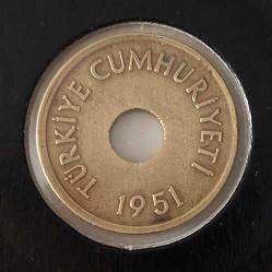 1951 DELİKLİ 1 BİR KURUŞ ORİJİNAL MADENİ PİRİNÇ ÇOK ÇOK TEMİZ 2ŞŞ1VV